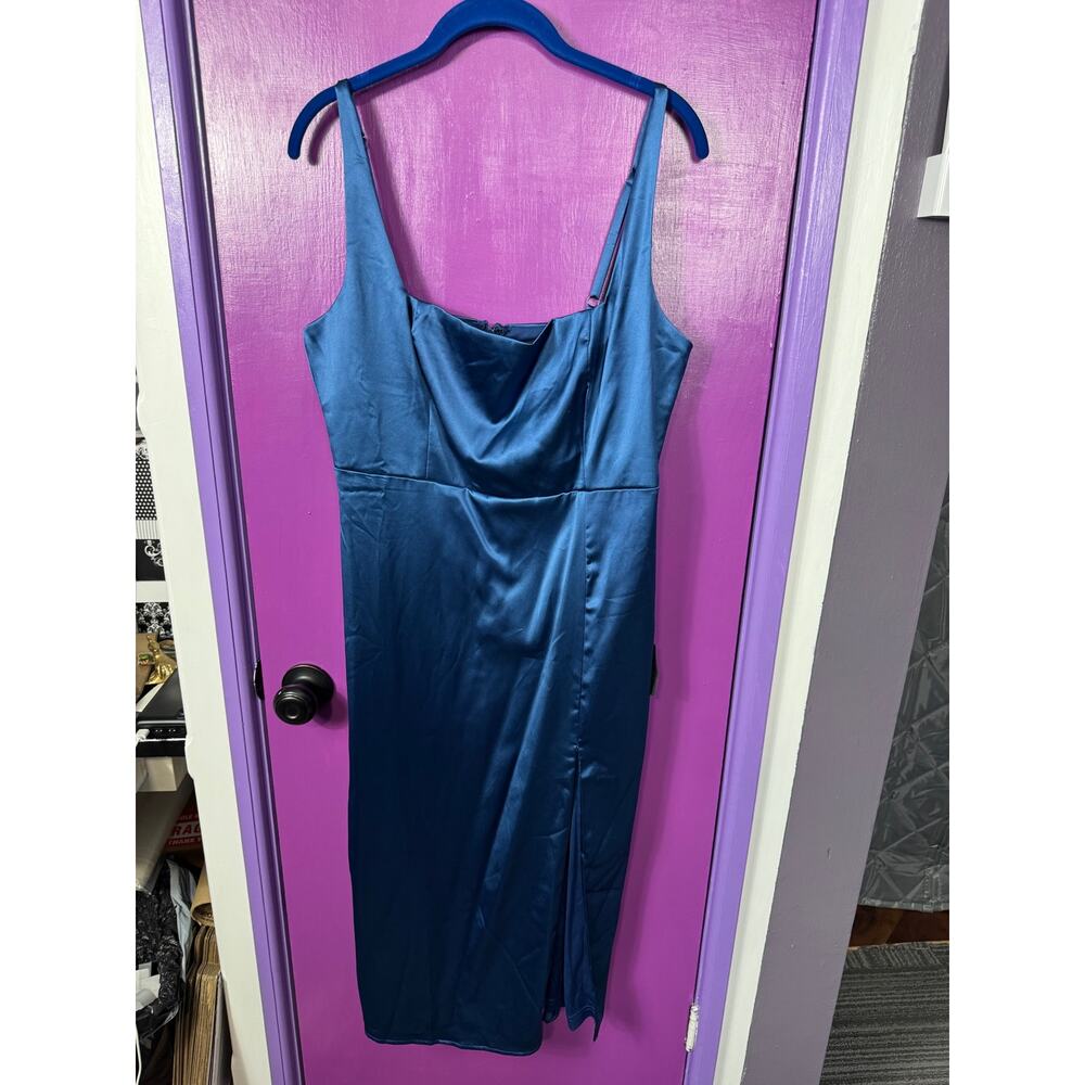 NWT Lulus XL Teal Blue Satin Cowl Neck Midi Dress Side Slit Wedding Guest - Picture 2 of 10